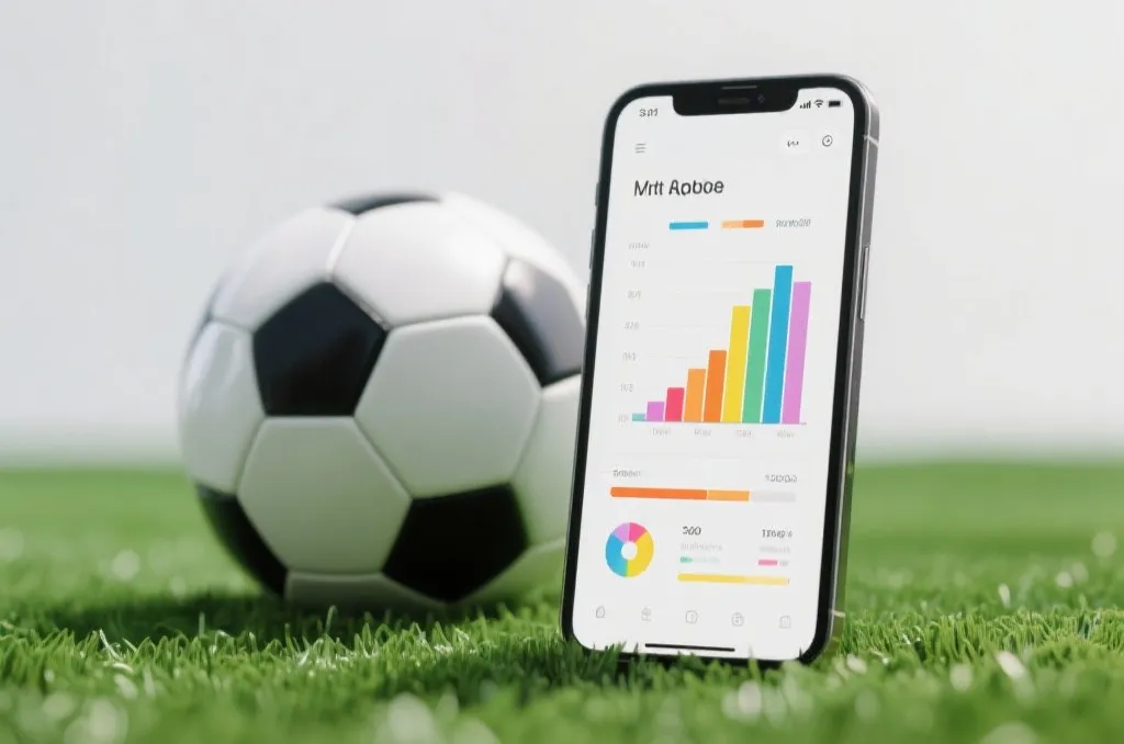 A close-up of a smartphone displaying a colorful abstract sports statistic graph next to a soccer ball on a lush green turf, professional studio lighting