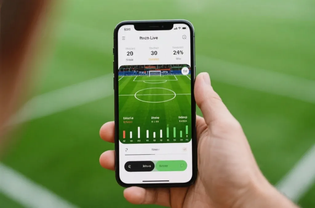 A close-up of a smartphone screen displaying live soccer match scores and stats on a green field background, clean interface design